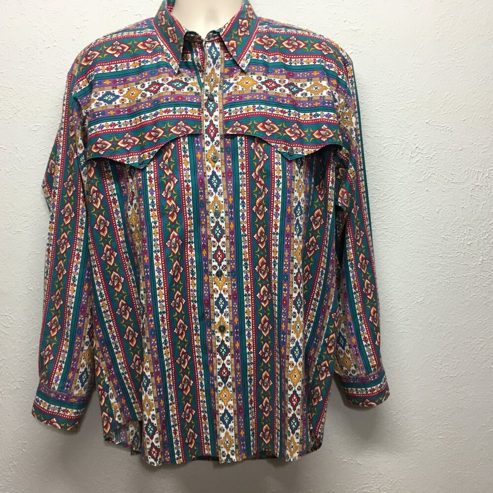Ruddock Bros Western‎ Shirt Mens XL Brushpopper Button Aztec Striped Multicolor